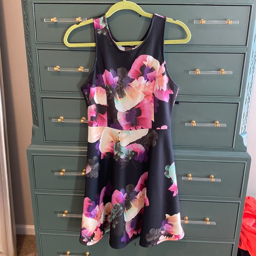 Aqua Black Floral Neoprene Dress. Skater dress.